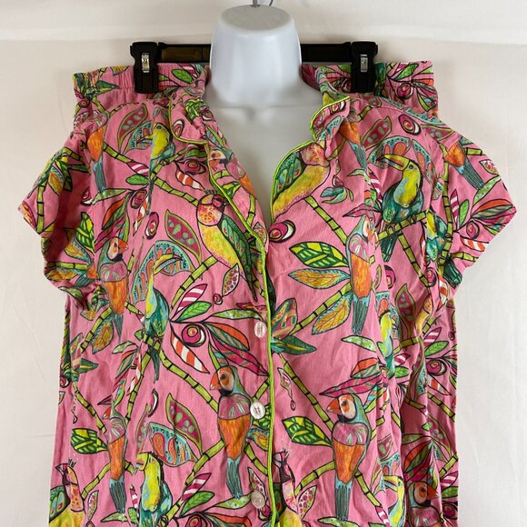 Jayes Studio Pajama Set XL Pink Green Yellow Toucan Short Sleeve Elastic Waist - Picture 2 of 16